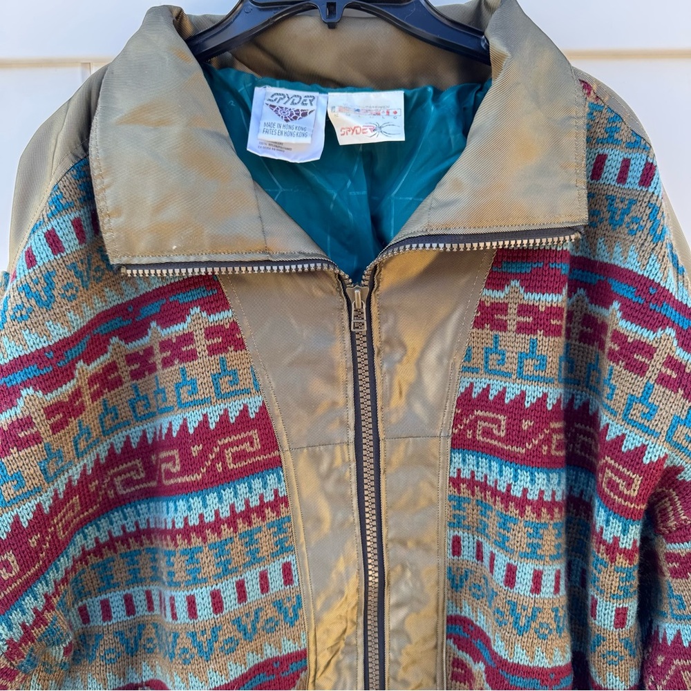 Vintage Spyder Wool Knit Ski Snow Sweater Jacket Full Zip Gold Metallic Large - Picture 2 of 12